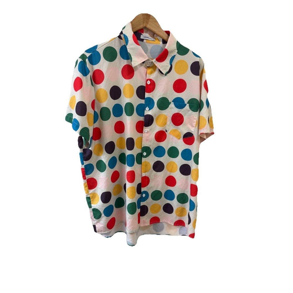 Hawalili XL  Men's Multicolor Circles Short Sleeve Button Down Shirt Polyester